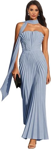 Pleated Bridesmaid Dresses with Scarf Strapless Maid of Honor Dress for Wedding Chiffon Long Evening Gown in Kuwait