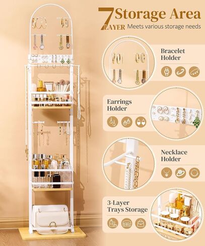 Homde Women Jewelry Holder Organizer: Large Floor Jewelry Stand for Necklaces Bracelets Earrings Makeup - 3-Tier Metal Storage Display for Bedroom Vanity - Hanging Tree with Hooks in Saudi Arabia