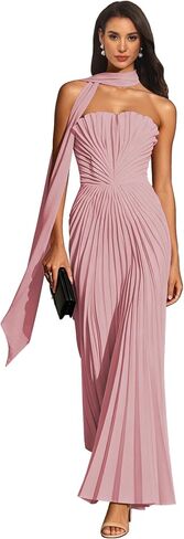Pleated Bridesmaid Dresses with Scarf Strapless Maid of Honor Dress for Wedding Chiffon Long Evening Gown in Kuwait
