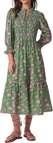 Kedera Women's Spring Boho Floral Midi Dress 2026 Casual Long Sleeve V Neck Flowy Beach Vacation Long Dress in Kuwait