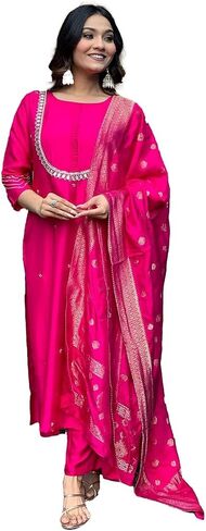 DREAMANGEL FASHION Womens Kurta Set Silk Blend Jacquard Khatali Work Stright Kurta and Pant with Dupatta Set in Saudi Arabia