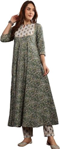 Women’s Cotton Floral Printed Anarkali Kurta With Palazzo & Dupatta Set in Saudi Arabia
