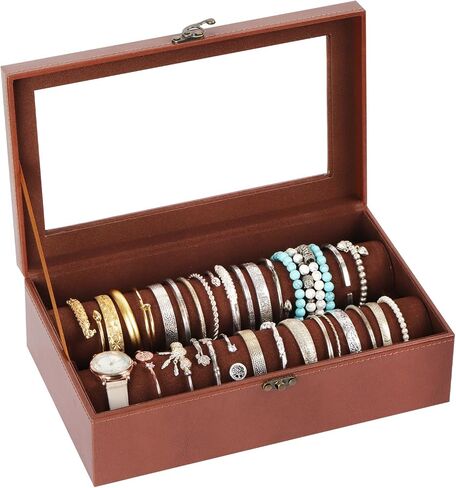 AUTOARK Bracelet & Watch Storage Box with Glass Lid & 2 Anti-Roll Rods,PU Leather Jewelry Case,Soft Lined Locking Organizer for Women,Gift for Dresser & Cabinet Display,Black,MKAW145 in Saudi Arabia