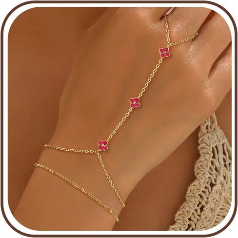 Gold Hand Chain Bracelets for Women Trendy Dainty Birthstone Clover Charm Ring Bracelet Hand Chain Set Non Tarnish 14K Gold Plated Stackable Finger Bracelets for Women Birthday Jewelry Gifts in Saudi Arabia