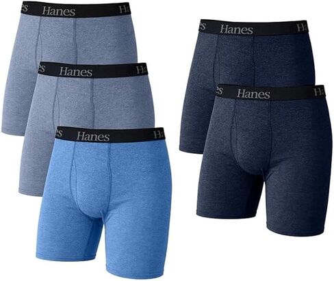 Hanes Men's Underwear Boxer Briefs Pack, Cool & Breathable Cotton Moisture-Wicking Underwear for Men, No Ride Up - Blue/Gray - 5 Pack Medium in Kuwait