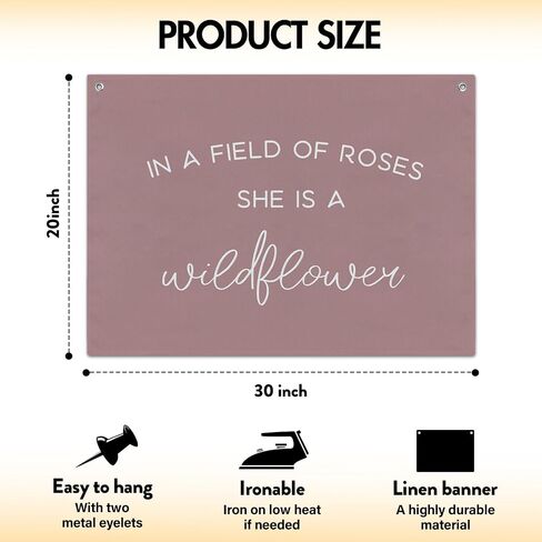 Wildflower Nursery Wall Decor, In a Field Full of Roses She Is a Wildflower Canvas Banner, 20x30 inches Pink Wall Hanging Flag Linen Tapestry Decorations for Bedroom Classroom Playroom -004 in Saudi Arabia
