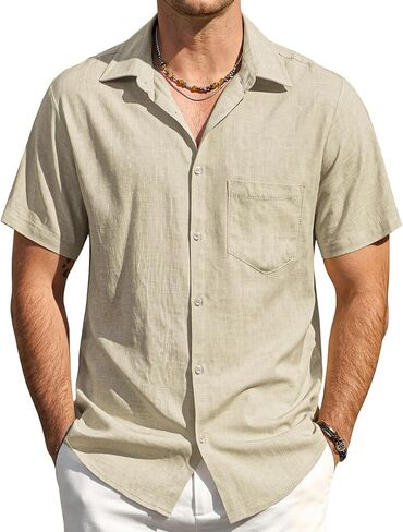 Mens Linen Shirts Button Down Short Sleeve Casual Summer Beach Shirts with Pocket in Saudi Arabia