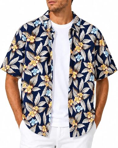Men's Hawaiian Shirts Short Sleeve Tropical Floral Button Down Shirt Casual Summer Beach Shirts（Leaf） in Kuwait