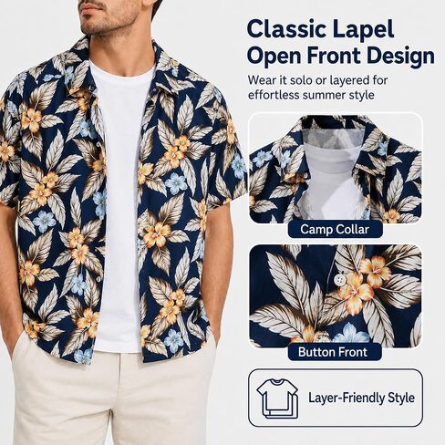 Men's Hawaiian Shirts Short Sleeve Tropical Floral Button Down Shirt Casual Summer Beach Shirts（Leaf） in Kuwait