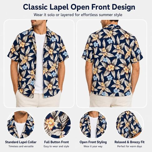 Men's Hawaiian Shirts Short Sleeve Tropical Floral Button Down Shirt Casual Summer Beach Shirts（Leaf） in Kuwait