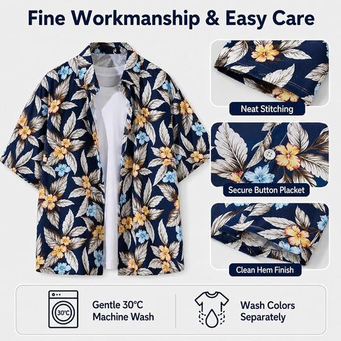 Men's Hawaiian Shirts Short Sleeve Tropical Floral Button Down Shirt Casual Summer Beach Shirts（Leaf） in Kuwait