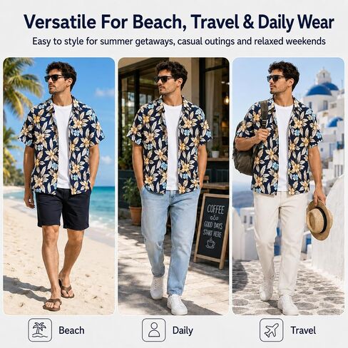 Men's Hawaiian Shirts Short Sleeve Tropical Floral Button Down Shirt Casual Summer Beach Shirts（Leaf） in Kuwait