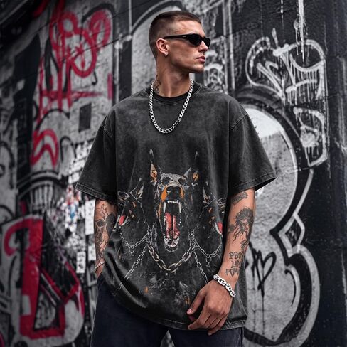 Doberman Graphic Tees for Men Oversized Gothic Dog Shirt Streetwear Tshirt Vintage Acid Wash Cotton Short Sleeve Top in Saudi Arabia