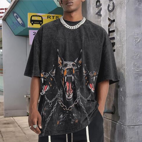 Doberman Graphic Tees for Men Oversized Gothic Dog Shirt Streetwear Tshirt Vintage Acid Wash Cotton Short Sleeve Top in Saudi Arabia