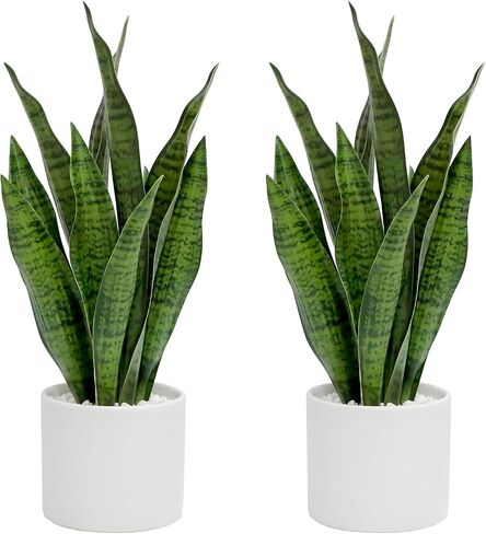 Faux Plants, Artificial Snake Plant Set of 2, Faux Snake Plant with Pure White Ceramic Pots, Fake Sansevieria for Home Decor Indoor, Office, Living Room, Housewarming Gifts in Saudi Arabia