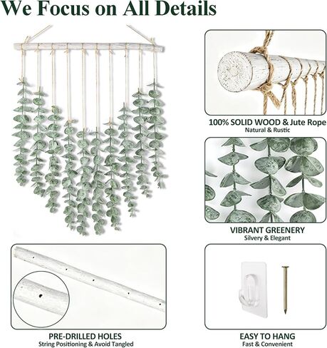 Artificial Eucalyptus Wall Decor Wall Hanging Fake Greenery Leaves Plant Stems for Boho Rustic Farmhouse Bathroom White Wood Stick Wall Art Bedroom Kitchen Dining Room Office Decoration in Saudi Arabia