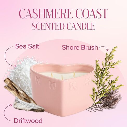 Paris Hilton Cashmere Coast Scented Candle, Pink Heart-Shaped Ceramic Vessel with Embossed Bow Detail, Premium Plant Wax Blend, 3-Wicks, 12-Ounce in Saudi Arabia