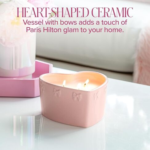Paris Hilton Cashmere Coast Scented Candle, Pink Heart-Shaped Ceramic Vessel with Embossed Bow Detail, Premium Plant Wax Blend, 3-Wicks, 12-Ounce in Saudi Arabia