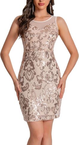 Women's Sequin Dress Sparkly Sexy Sheer Mesh Round Neck Sleeveless Dress Glitter Party Cocktail Tank Dress in Kuwait