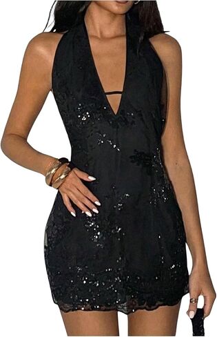 SweatyRocks Women's Sequin Halter Dresses Sleeveless V Neck Backless Embroidered Party Dresses in Kuwait