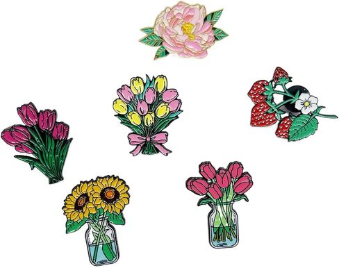6PCS Flower Enamel Pins Bulk,Mixed Styles Tulip Strawberry Sunflower Hibiscus Flower Alloy Brooches Pins for Women Jewelry Backpack Clothes Decoration Presents Hats Decorations in Saudi Arabia