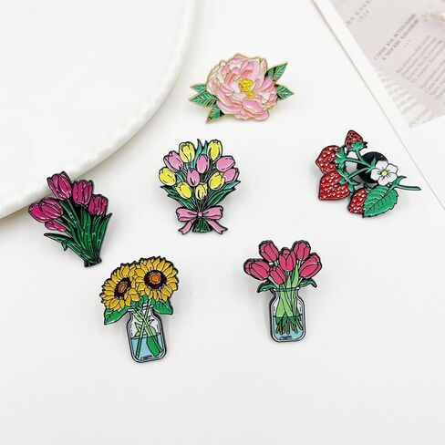 6PCS Flower Enamel Pins Bulk,Mixed Styles Tulip Strawberry Sunflower Hibiscus Flower Alloy Brooches Pins for Women Jewelry Backpack Clothes Decoration Presents Hats Decorations in Saudi Arabia