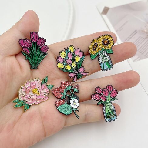6PCS Flower Enamel Pins Bulk,Mixed Styles Tulip Strawberry Sunflower Hibiscus Flower Alloy Brooches Pins for Women Jewelry Backpack Clothes Decoration Presents Hats Decorations in Saudi Arabia