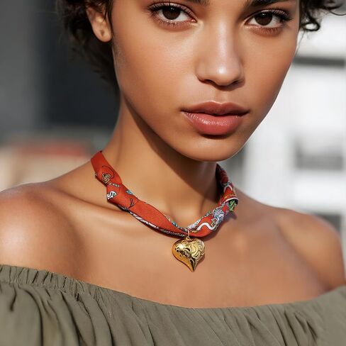 Scarf Bandana Necklace for Women, Gold Charms With Heart Pendant Vintage Lightweight Leopard Choker Boho Natural Stone Fashion Accessories Fall Jewelry Gift in Kuwait