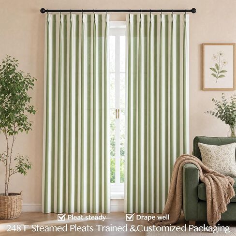 THREE GIRLS Sage Green Stripe Pinch Pleated Curtains 96 inches Long, Cottage Vintage Linen Blend Memory Trained Gingham Drapes for Bedroom Living Room, 2 Panels in Saudi Arabia