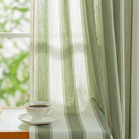THREE GIRLS Sage Green Stripe Pinch Pleated Curtains 96 inches Long, Cottage Vintage Linen Blend Memory Trained Gingham Drapes for Bedroom Living Room, 2 Panels in Saudi Arabia