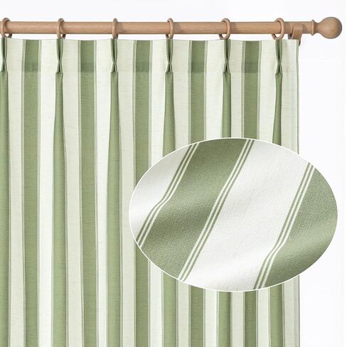 THREE GIRLS Sage Green Stripe Pinch Pleated Curtains 96 inches Long, Cottage Vintage Linen Blend Memory Trained Gingham Drapes for Bedroom Living Room, 2 Panels in Saudi Arabia