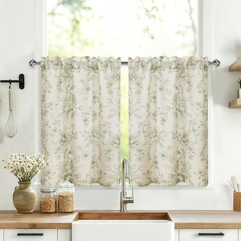 JIUZHEN Farmhouse Floral Linen Kitchen Curtains 24 Inch Length, Rod Pocket Rustic Light Filtering Tier Curtains for Livingroom/Bathroom, Green Peony Fragmented Flowers, 2 Panels in Saudi Arabia