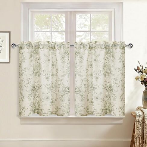 JIUZHEN Farmhouse Floral Linen Kitchen Curtains 24 Inch Length, Rod Pocket Rustic Light Filtering Tier Curtains for Livingroom/Bathroom, Green Peony Fragmented Flowers, 2 Panels in Saudi Arabia