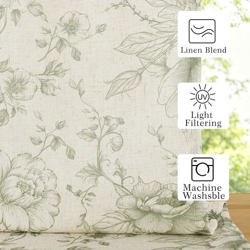 JIUZHEN Farmhouse Floral Linen Kitchen Curtains 24 Inch Length, Rod Pocket Rustic Light Filtering Tier Curtains for Livingroom/Bathroom, Green Peony Fragmented Flowers, 2 Panels in Saudi Arabia
