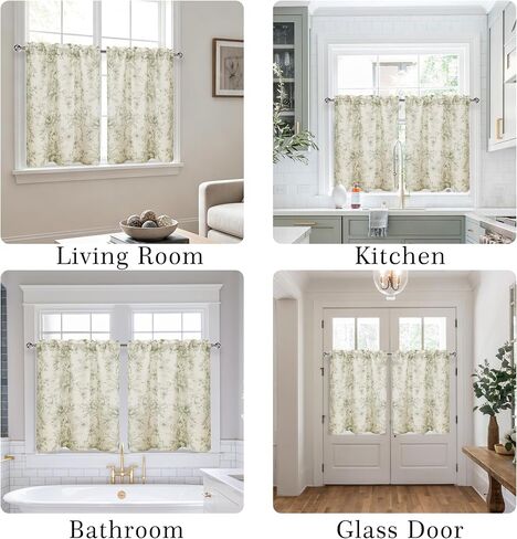 JIUZHEN Farmhouse Floral Linen Kitchen Curtains 24 Inch Length, Rod Pocket Rustic Light Filtering Tier Curtains for Livingroom/Bathroom, Green Peony Fragmented Flowers, 2 Panels in Saudi Arabia