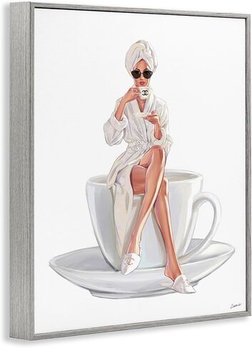 Stupell Industries Chic Woman Robe Coffee Cup Designer Logo Sunglasses, Design by Ziwei Li,White,16 x 1.5 x 20 in Saudi Arabia