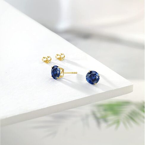 Gem Stone King 18K Yellow Gold Plated Silver Blue Created Sapphire Earrings For Women Men | 4.00 Cttw | Round 8MM | Fine Jewelry Gifts for Her Mom Women Wife in Saudi Arabia