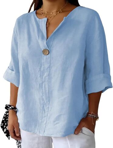 ForHailey Plus Size Tops for Women Linen Shirts 3/4 Sleeve V Neck Cotton Button Blouse Tunic Tee Loose Fit Summer Clothes Light Blue 4X-Large in Saudi Arabia