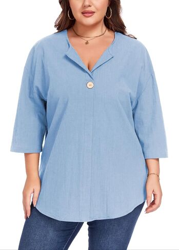ForHailey Plus Size Tops for Women Linen Shirts 3/4 Sleeve V Neck Cotton Button Blouse Tunic Tee Loose Fit Summer Clothes Light Blue 4X-Large in Saudi Arabia