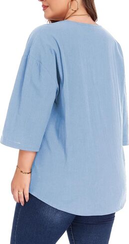 ForHailey Plus Size Tops for Women Linen Shirts 3/4 Sleeve V Neck Cotton Button Blouse Tunic Tee Loose Fit Summer Clothes Light Blue 4X-Large in Saudi Arabia