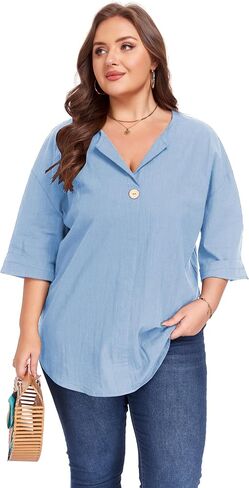 ForHailey Plus Size Tops for Women Linen Shirts 3/4 Sleeve V Neck Cotton Button Blouse Tunic Tee Loose Fit Summer Clothes Light Blue 4X-Large in Saudi Arabia