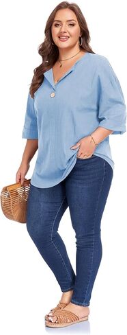 ForHailey Plus Size Tops for Women Linen Shirts 3/4 Sleeve V Neck Cotton Button Blouse Tunic Tee Loose Fit Summer Clothes Light Blue 4X-Large in Saudi Arabia