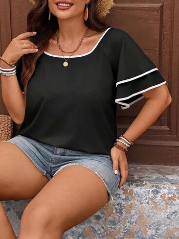 Women's Plus Size Black and White Contrast Ruffle Blouse | Short Sleeve, Casual Square Neck, Loose Flowy Tunic, Summer in Kuwait