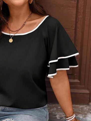 Women's Plus Size Black and White Contrast Ruffle Blouse | Short Sleeve, Casual Square Neck, Loose Flowy Tunic, Summer in Kuwait