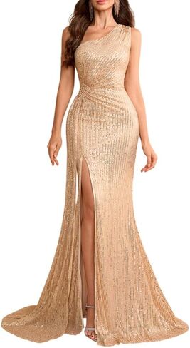 Women's One Shoulder Sequin Maxi Prom Dress Elegant Evening Gowns with Slit in Saudi Arabia
