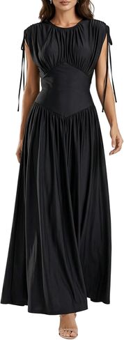 Women's Cinched Waist A Line Gathered Cap Sleeve Maxi Dress Elegant Ruched Formal Evening Dresses in Saudi Arabia