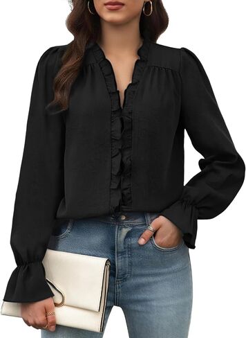 Womens Ruffle Dressy Blouses V Neck Long Puff Sleeve Retro Pleated Office Shirts Tunic Tops in Kuwait