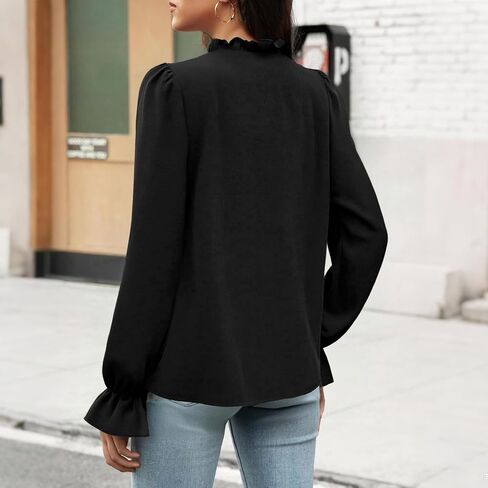 Womens Ruffle Dressy Blouses V Neck Long Puff Sleeve Retro Pleated Office Shirts Tunic Tops in Kuwait