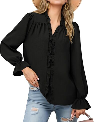 Womens Ruffle Dressy Blouses V Neck Long Puff Sleeve Retro Pleated Office Shirts Tunic Tops in Kuwait