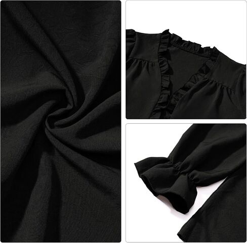 Womens Ruffle Dressy Blouses V Neck Long Puff Sleeve Retro Pleated Office Shirts Tunic Tops in Kuwait